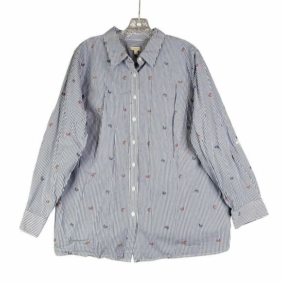 Talbots Shirt Women's Button Down Long Sleeve Blue Size 2X Butterfly Striped - Picture 2 of 9